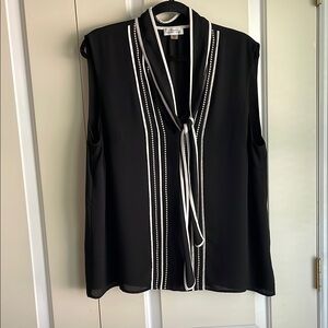 Tahari ASL Black and White Tie Front Sleeveless Blouse